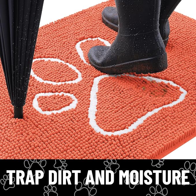 Smiry Dog Door Mat for Muddy Paws, Absorbent Dirt Trapper Non Slip Quick Dry Washable Chenille Mat for Mud Dogs, Entry Rug for Indoor and Outdoor (36x24 Inches, Coral and White)