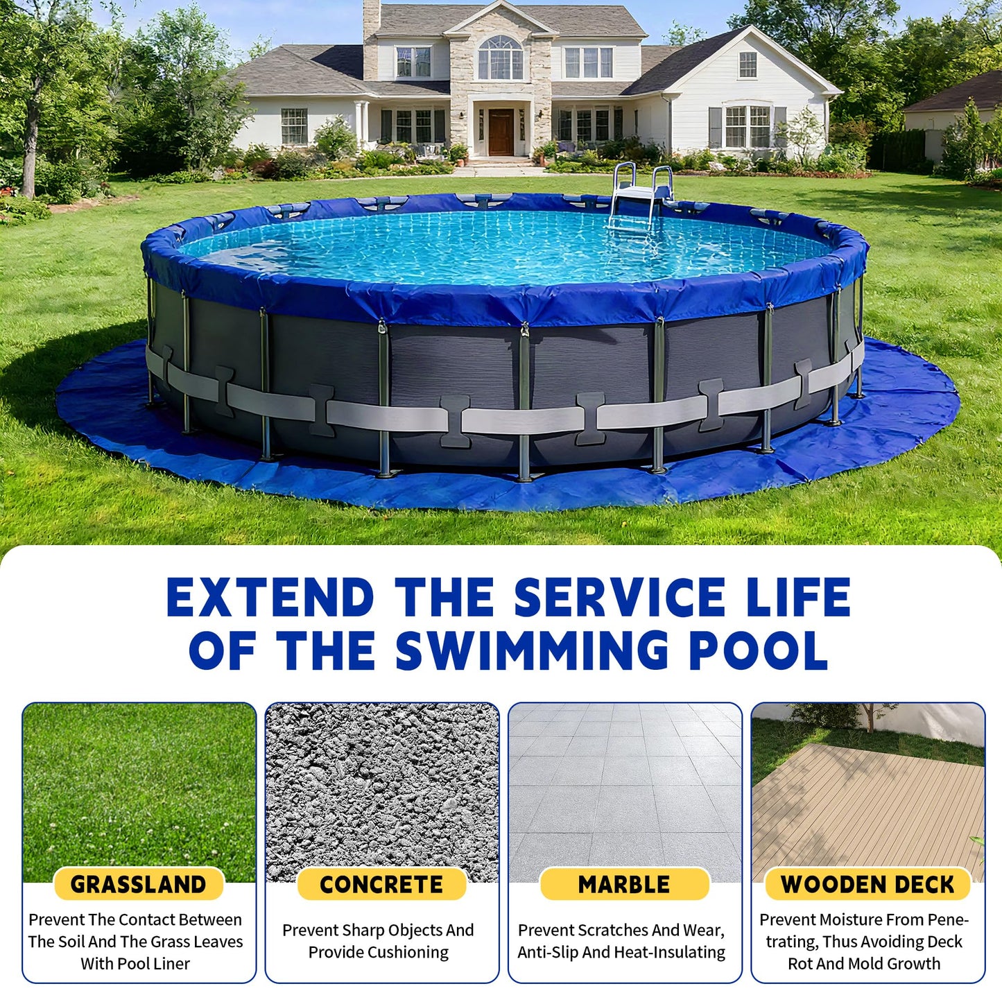 RAINDEWAY 8FT Pool Liners,Swimming Pool Ground Cloth,Multipurpose Round Tarp for Under Pool,Easy to Fold Pool Liner Pad for Above Ground Pool Mat Protector Pad Prevents Punctures Pool,Durable,Blue