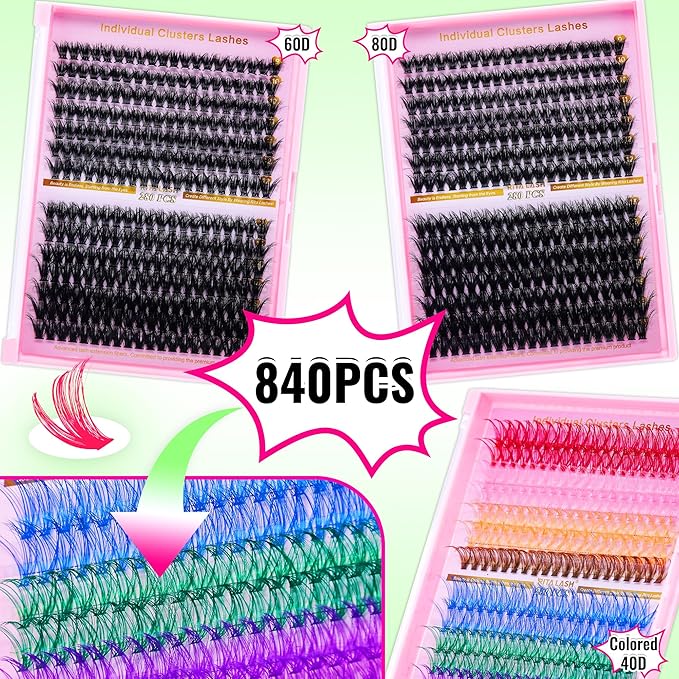 Lash Clusters Kit DIY Lash Extension Kit 3D Effect Cluster Lashes 840Pcs Cluster Eyelash Extensions Wispy Eyelash Clusters with Lash Bond&Seal,Gift Packs for Beginners Bulk Pack(12 Counts Lash Kit-3)