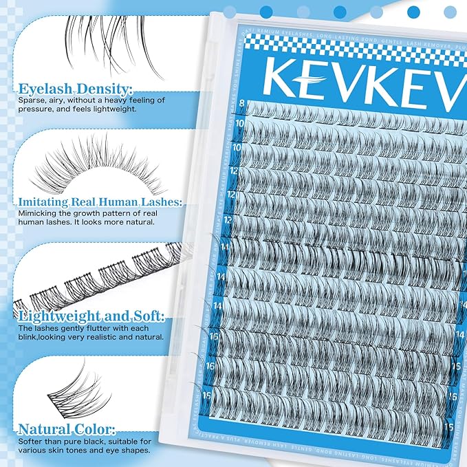 KEVKEV Wispy Lash Clusters Kit Invisible Thin Band Natural Eyelash Clusters 8-16mm Lash Extension Kit Mix Length Natural Look Cluster Eyelash Extensions With Lash Bond Lash Tweezers DIY Lash At Home