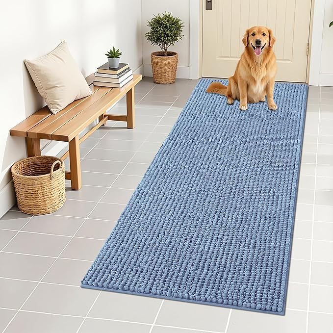 OLANLY Dog Door Mat for Muddy Paws 59x24, Ultra Absorbent Chenille Mud Doormat, Non-Slip Washable and Dirt Trapping Doormat for Indoor Entryway, Quick-Dry Indoor Pet Bed Mats for Dogs, Airy Blue