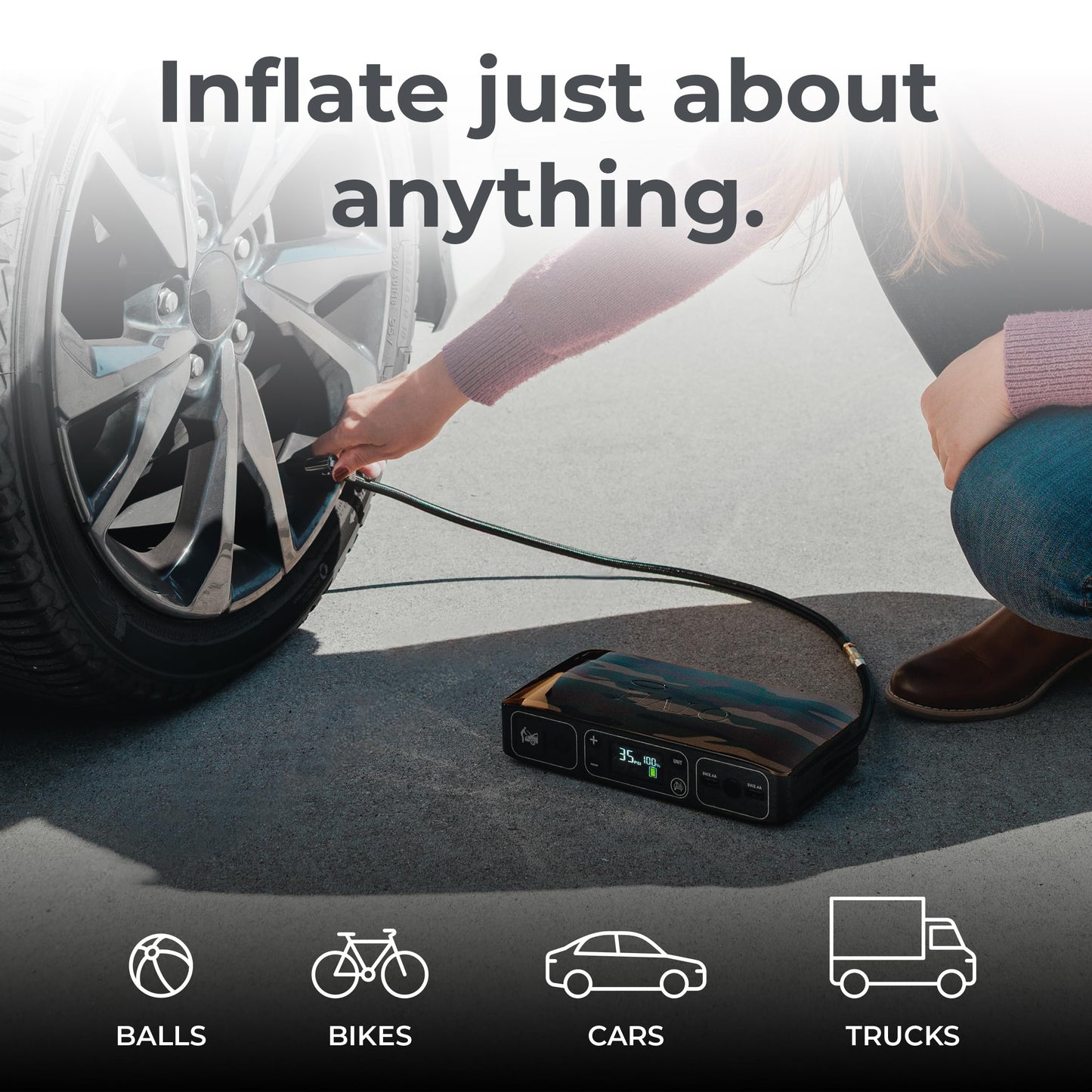 HALO Bolt Air 58830 Portable Car Battery Jump Starter | 100 PSI Air Compressor, 58.8Wh USB Power Bank, Emergency Floodlight & Charger, Jumps Cars SUVs & Trucks, Inflates Tires, TSA Approved — Camo