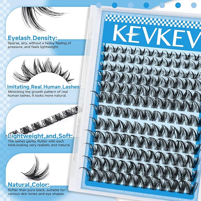 KEVKEV Lash Clusters 144 Pcs Eyelash Clusters Wispy Natural Cluster Eyelash Extension Thin Band & Soft Mix Length Lashes DIY Eyelashes Clusters at Home Easy to Apply(K02,8-18mix)