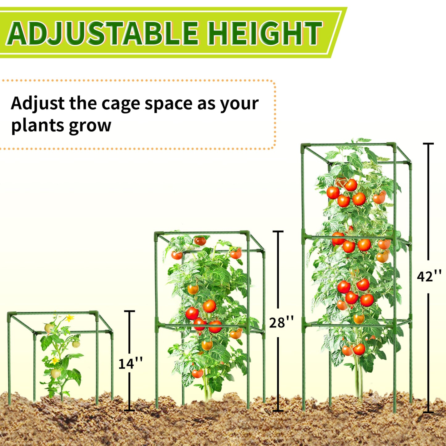 SORANGEUN 3 Pack Square Tomato Cages for Garden - 42 Inch Heavy Duty Tomato Plant Support Stakes, Sturdy Metal Core with Rust-Resistant Coating, Tomato Trellis for Raised Beds