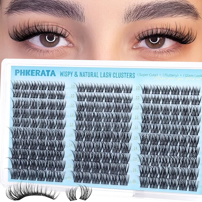 PHKERATA Wispy Lash Clusters Natural Eyelash Clusters Extensions C Curly Individual Lashes Clusters DIY Eyelash Extension with Wide Soft Thin Band,10-16MM,180Pcs