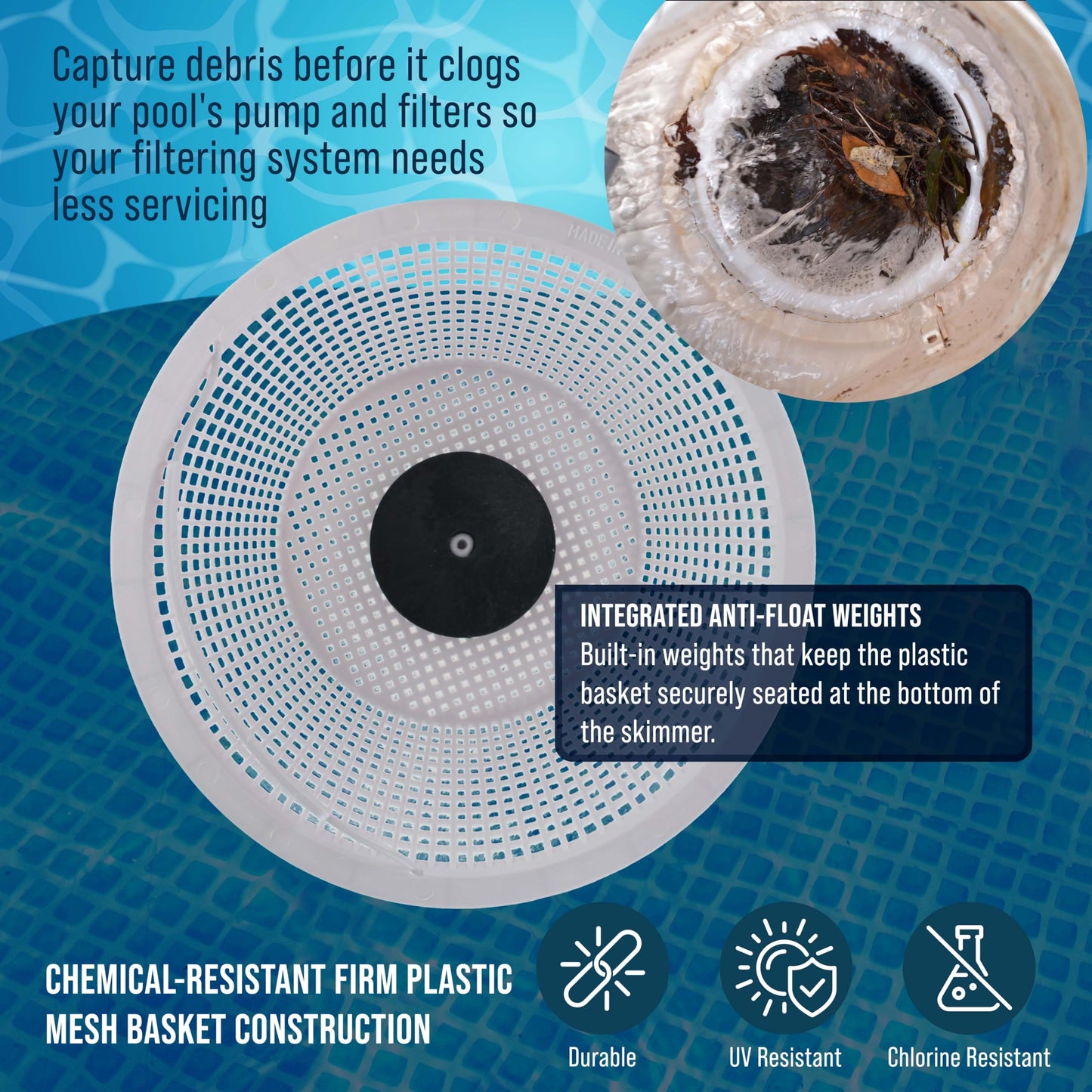 U.S. Pool Supply Weighted Inground Pool Skimmer Basket (Set of 2) - Skimmer Filter Basket, Skims Leaves – Compatible with Hayward SPX1070E, Prevent Pump Clogs - 8" Top, 5.5" Bottom, 5" Deep