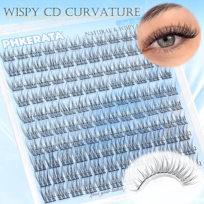 PHKERATA Natural Lash Clusters Wispy Cluster Eyelash Extensions 120 pcs Individual Lashes DIY C Curvature Eyelash Clusters 9-12 mm Natural Lashes Clusters