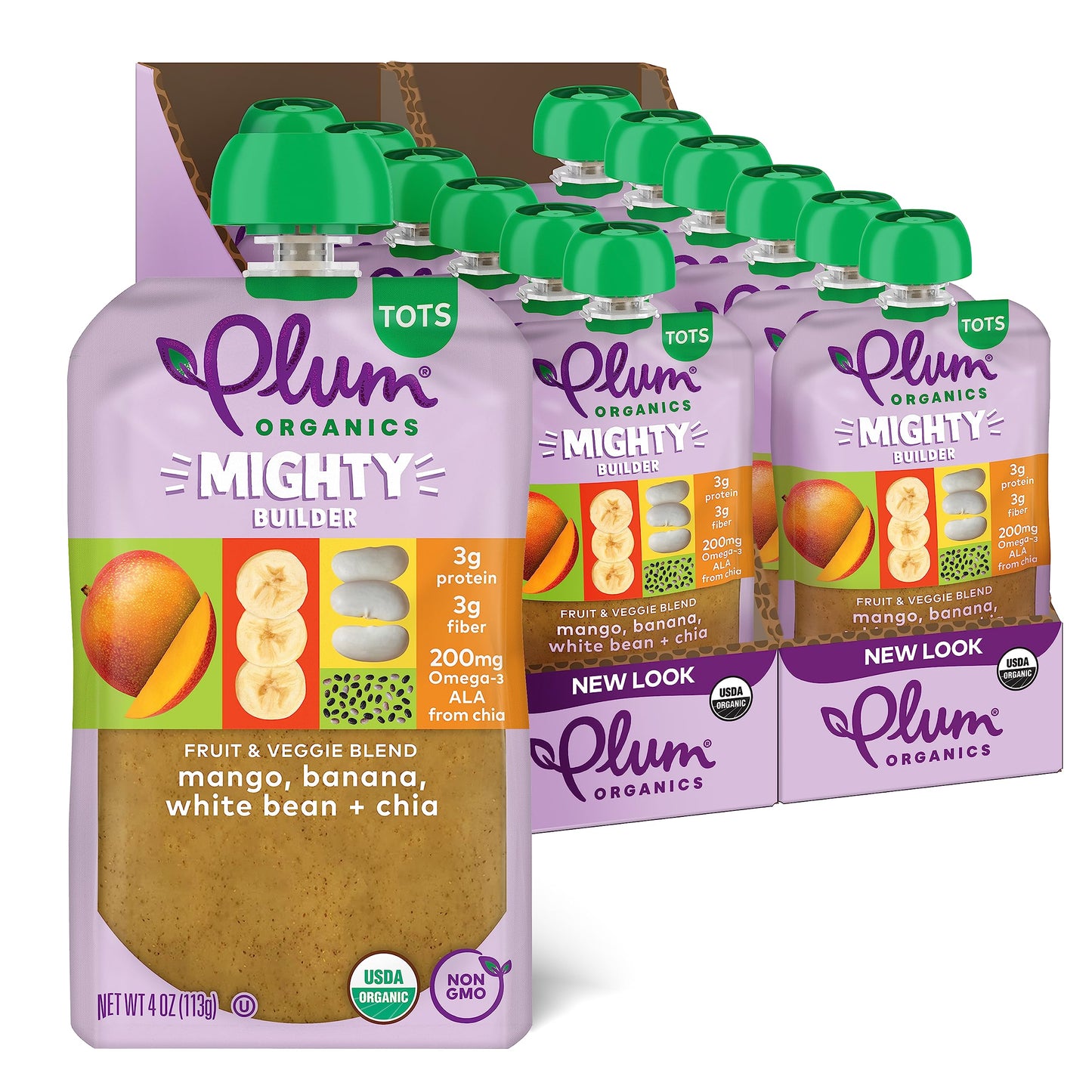 Plum Organics - +12 Months Organic Baby Food - Mango, Banana, White Bean & Chia - Non-GMO - On-The-Go Pouches for Baby & Toddler Meals - Quality Tested Ingredients - 4 oz (Pack Of 12)