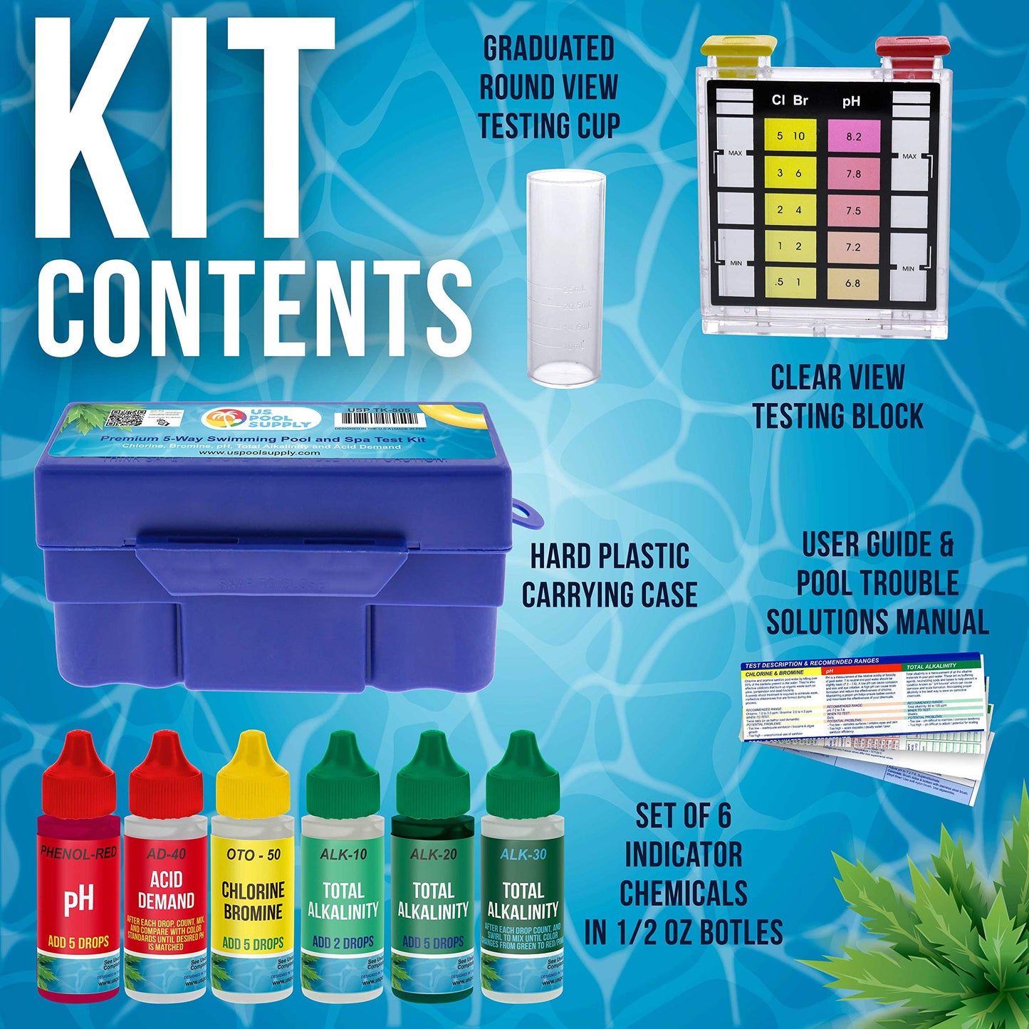U.S. Pool Supply 5-in-1 Pool Test Kit - Pool Water Testing Kit, Accurate Chemical Test for pH, Chlorine, Bromine, Alkalinity, Acid Demand - Residential Home Swimming Inground Above Ground, Hot Tub Spa