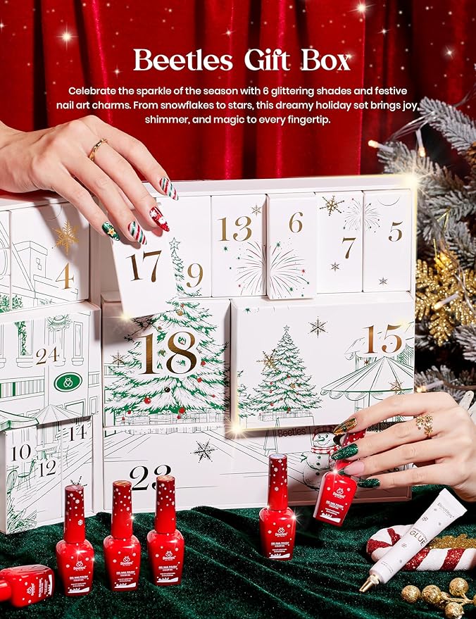 beetles Gel Polish Merry Glitzmas 2025 Gift Box – Nail Art Set with Mini LED Nail Lamp Base Top Coat and Festive Holiday Surprises Gifts for Women Girls