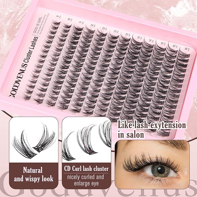 Goddvenus Lash Clusters Wispy Lashes Clusters Like Eyelashes Extension in Salon Natural DIY Cluster Eyelash Extensions for 5-7 days 9-16mm D Curl Fluffy DIY Individual Lashes (192pcs D Curl)