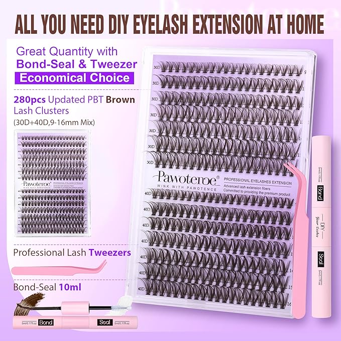 Pawotence Lash Extension Kit DIY 280pcs Brown Lash Clusters Eyelash Extension Kit 30D 40D 9-16mm Individual Lashes Kit with Lash Bond and Seal Lash Tweezers for Self Use (Brown 30D 40D, 9-16mm, Kit)