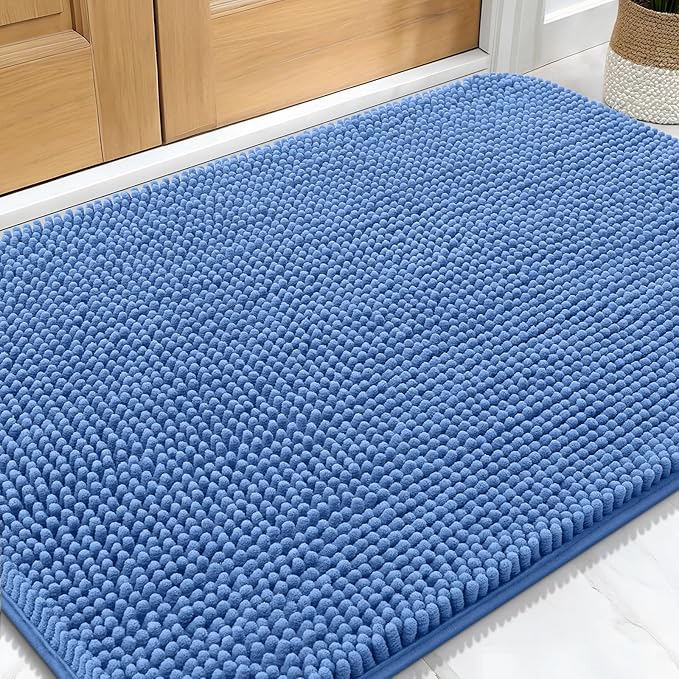 OLANLY Dog Door Mat for Muddy Paws 32x20, Absorbs Moisture and Dirt, Absorbent Non-Slip Washable Doormat, Quick Dry Chenille Mud Mat, Entry Indoor Entryway Carpet for Inside Floor, Cornflower Blue