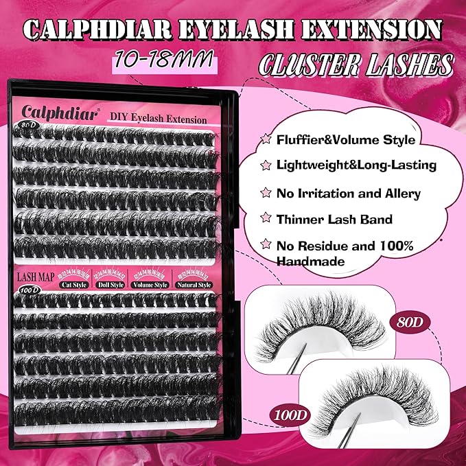 Calphdiar Lash Clusters 80D+100D Thick Eyelash Clusters D-curly Cluster EyelashÃ¢ÂÂExtensions Russian Cluster Lashes Wispy Lashes Clusters 234pcs False Mink Eyelashes 10-18mm DIY Lash Extension