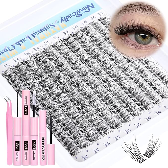 Natural Lash Extension Kit Cluster Lashes Kit Cluster Eyelash Extension Kit 220Pcs C-curly DIY Eyelash Extension Kit Short 10-14MM Individual Lashes Kit with Lash Remover by Newcally