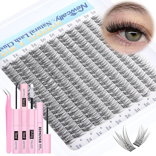 Natural Lash Extension Kit Cluster Lashes Kit Cluster Eyelash Extension Kit 220Pcs C-curly DIY Eyelash Extension Kit Short 10-14MM Individual Lashes Kit with Lash Remover by Newcally