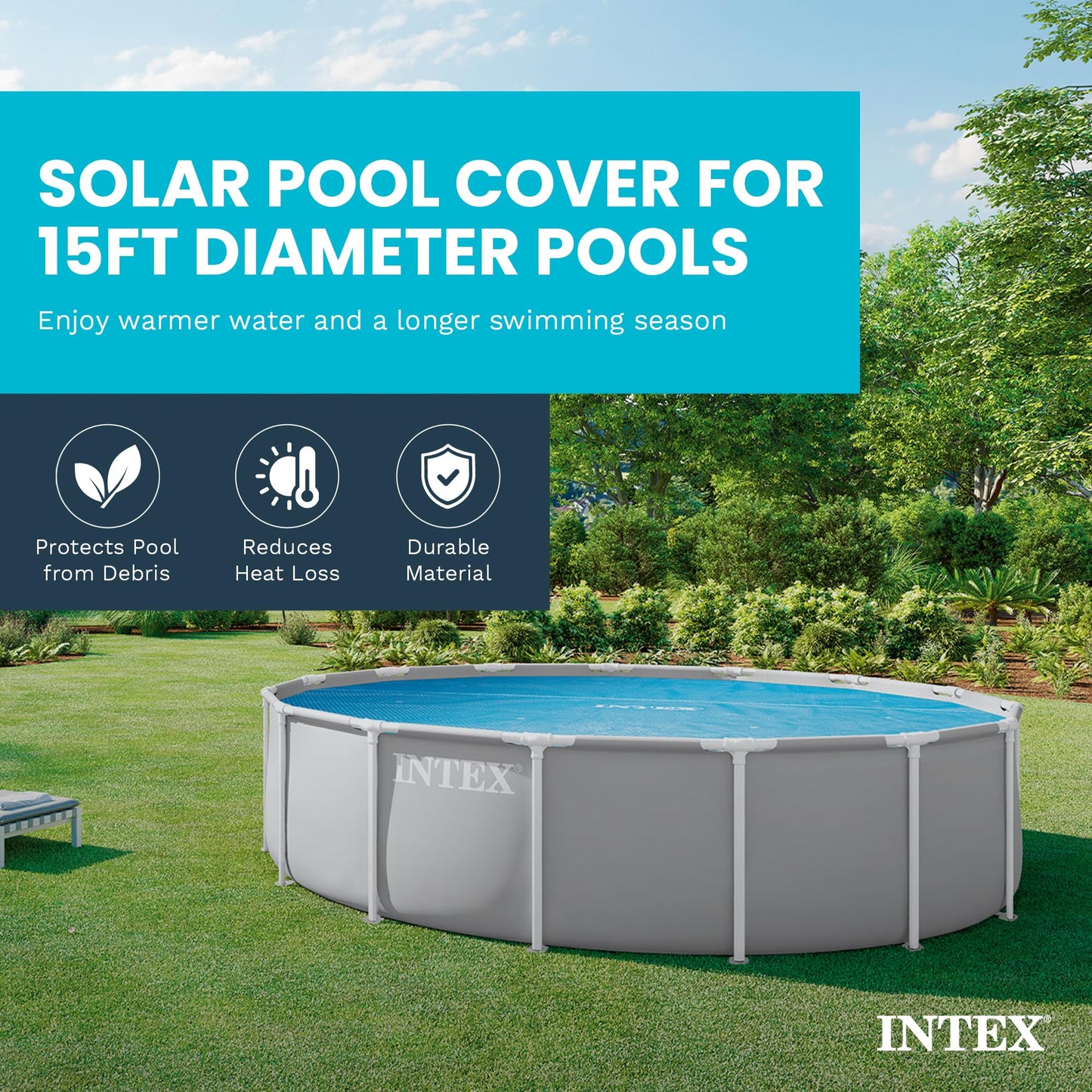 INTEX 28013E Solar Pool Cover: for 15ft Round Easy Set and Metal Frame Pools – Insulates Pool Water – Reduces Water Evaporation – Keeps Debris Out – Reduces Chemical Consumption