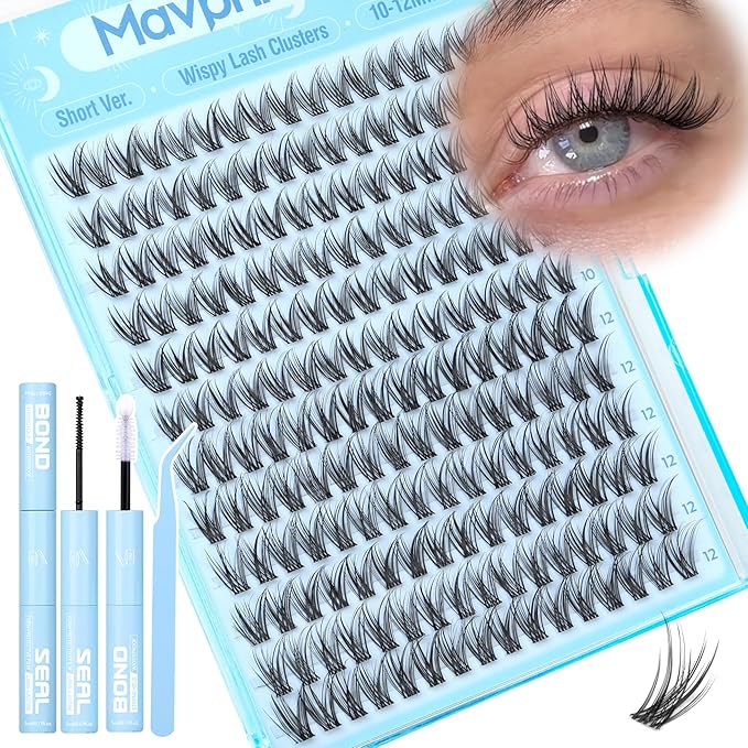 Wispy Lash Clusters Kit 10-12MM Natural Cluster Eyelash Extensions 192PCS DIY Lash for Everyday Wear, with Invisible Clear Band & Lifted CC Curl | Includes Lash Bond and Seal Glue & Precision Tweezers