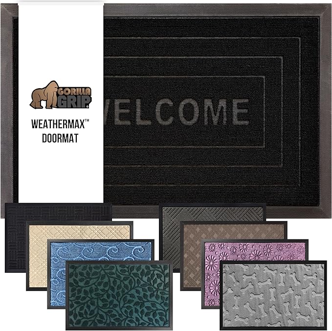 GORILLA GRIP 100% Waterproof All-Season WeatherMAX Doormat, US Designed Natural Rubber, Stain and Fade Resistant, Low Profile Indoor Outdoor Door Mats, Easy Clean Patio Mat, 17x29, Black Welcome