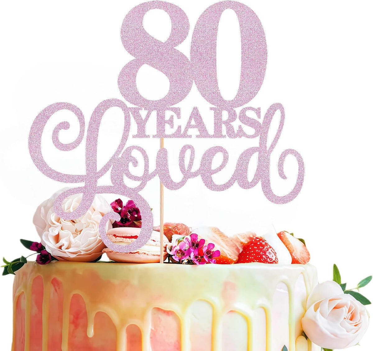80 Years Loved Cake Topper - Pink Glitter 80th Birthday & Anniversary Cake Decoration for Women Men Party Supplies, Photo Booth Props