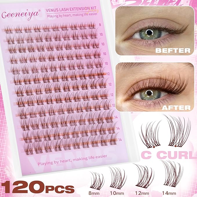Geeneiya BROWN VENUS Lashes Clusters Kit DIY Lash Extension, 8-14MM Invisible Band Lash Clusters, C Curl Cluster Eyelash Extensions Kit with Waterproof Lash Bond and Seal, Lash Remover, Tweezers