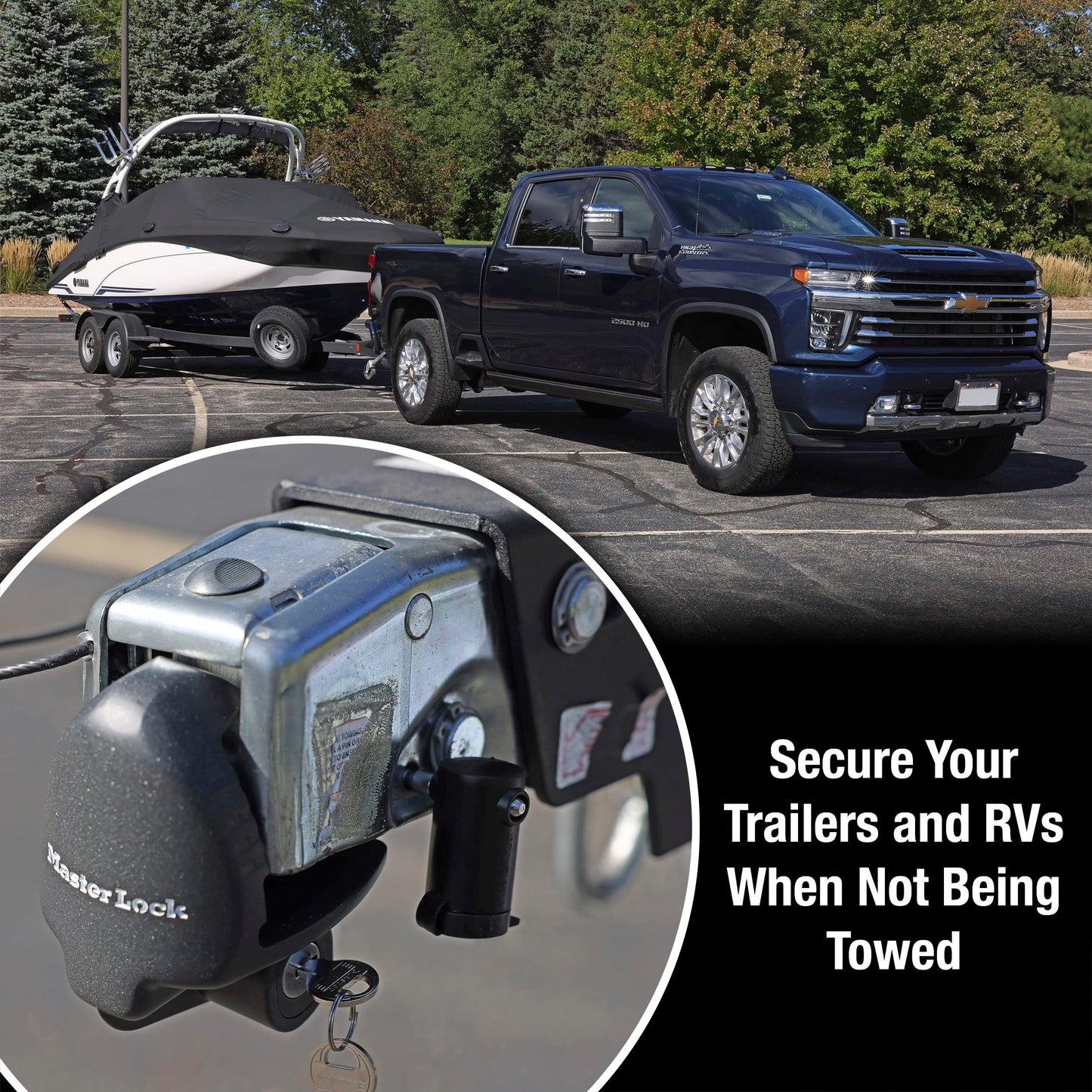 Master Lock Black Universal Size Trailer Hitch Lock, Trailer Coupler Lock for Securing RV’s, Horse Trailers, Tool Trailers and More, 379ATPY