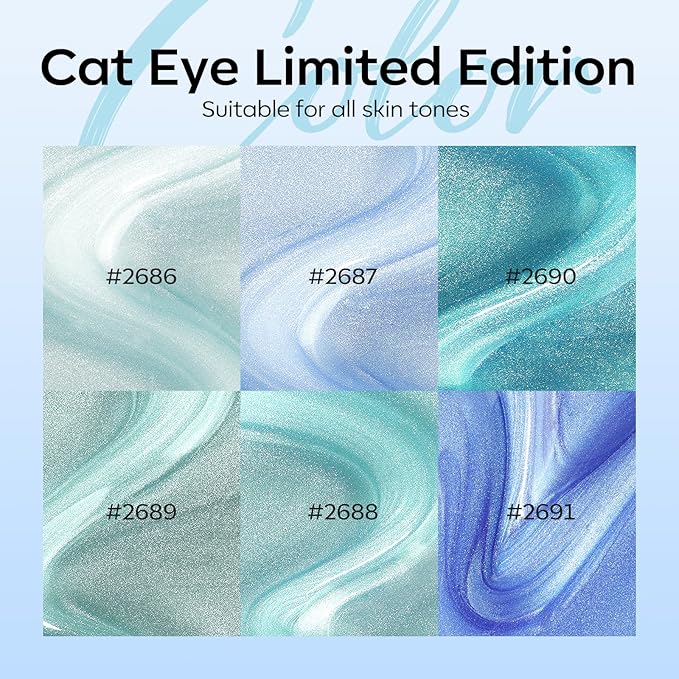 modelones Cat Eye Gel Nail Polish Set, 6 Colors Light Baby Blue Green 9D Cat Eye Glitter Gel Polish with Magnetic Stick Soak Off LED Manicure DIY Salon Gift Starter Kit