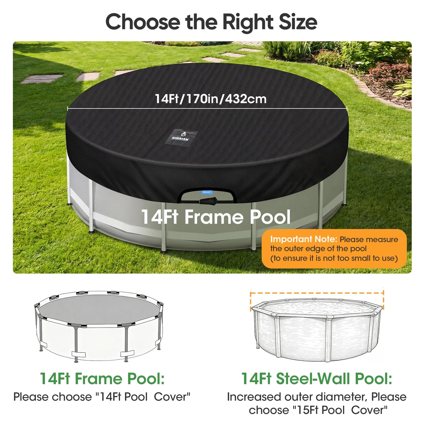 SIHAIAN 14 Ft Round Pool Cover, with Automatic Drain Pool Cover, Patented One-Piece Tensioning System Above Ground Pool Cover, Preventing Waterlogging, Yarn-Dyed Oxford Fabric Solar Pool Cover