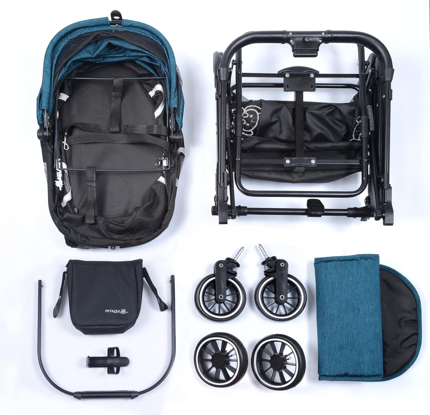 Pet Stroller for Small & Medium Dogs and Cats Up to 50 lbs, 3-in-1 Lightweight Dog Stroller with Detachable Carrier, 360° Mesh Windows, One-Click Fold, Storage Bag & Basket, Cup Holder, All-Terrain