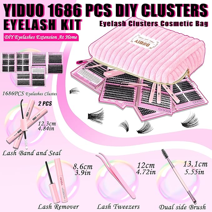 YIDUO Lash Cluster Kit Makeup Bag Set 1686pcs 40D+50D+60D+80D+100+Spikes+Bottom Full Eyelash Cluster Kit Volume Wispy 10-20mm DIY Lashes Extensions with 2X Bond&Seal DlY at Home