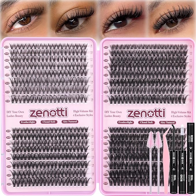 Lash Clusters Kit, 640PCS Natural Eyelash Clusters Kit 30D 40D 50D 60D Wispy Cluster Eyelash Extensions 9-16mm Daily Look Individual Lashes Soft Band with Lash Bond & Seal Tweezers Brush by zenotti