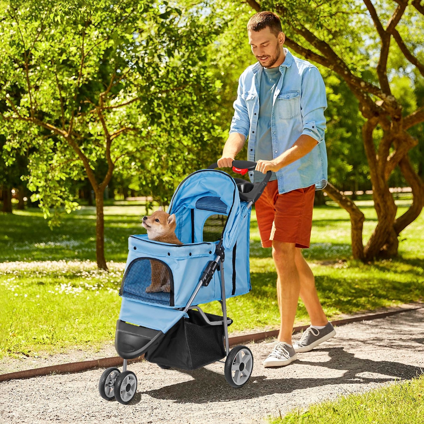 ZENY Foldable Pet Stroller, Cat/Dog Stroller with 3 Wheel, Pet Strolling Cart, Dog Travel Carrier with Storage Basket + Cup Holder (Blue)