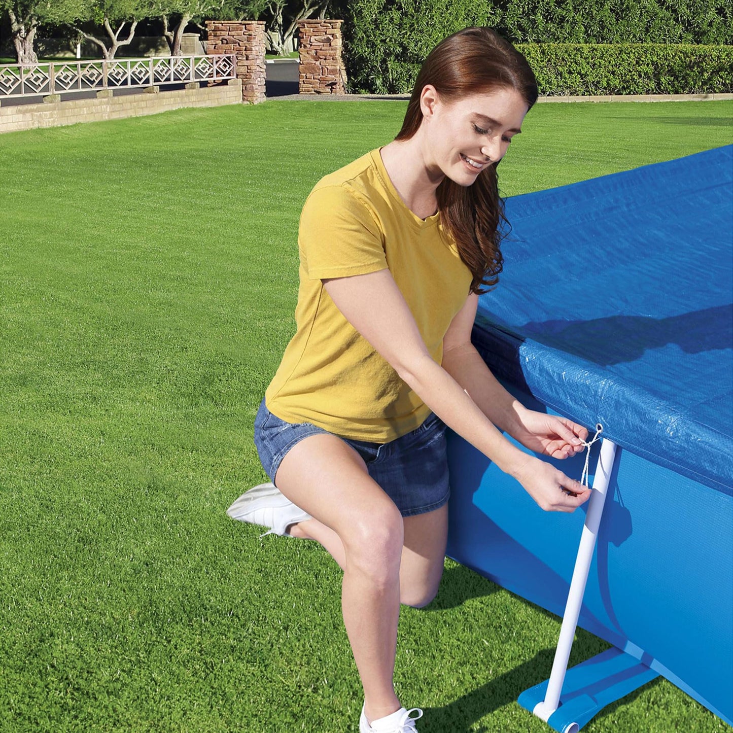 Bestway Flowclear Rectangular 9'10" x 6'7" Above Ground Pool Cover Compatible with Steel Pro Outdoor Swimming Pools with Drain Holes, Blue
