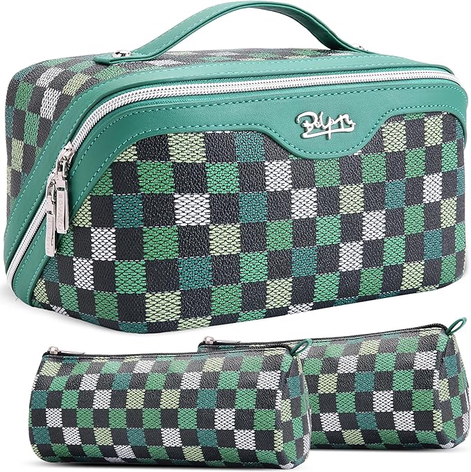 BOYATU Travel Makeup Bag Organizer Cosmetic Bag: 3 Pcs Set Make up Bags for Women with Handle - Waterproof Vegan Leather Toiletry Bag (01-H-Green)