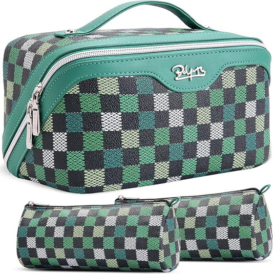 BOYATU Travel Makeup Bag Organizer Cosmetic Bag: 3 Pcs Set Make up Bags for Women with Handle - Waterproof Vegan Leather Toiletry Bag (01-H-Green)