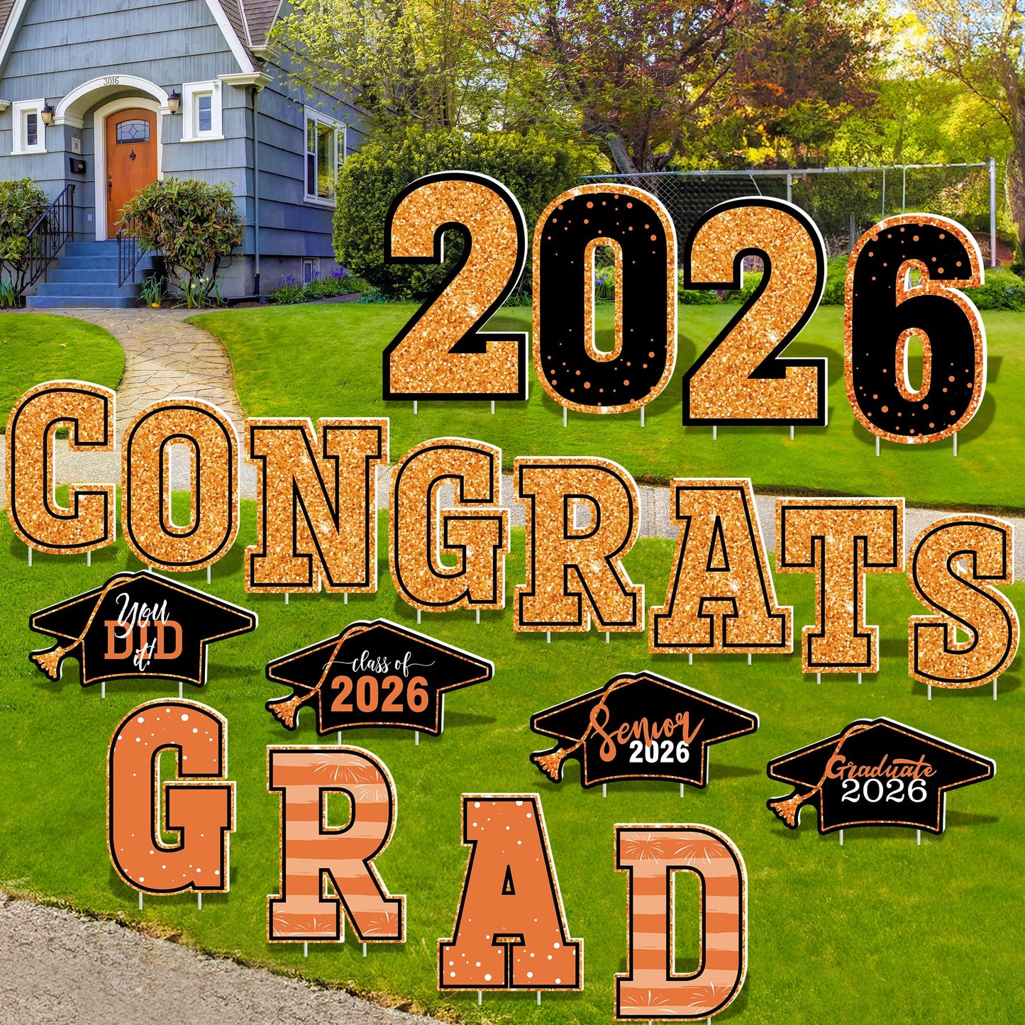 20 Pieces Graduation Yard Signs 2026, Class of 2026 Congrats Grad Yard Sign, Orange Congratulations Yard Signs with Stakes, Plastic Graduation Yard Decorations for College School GRAD Party Supplies