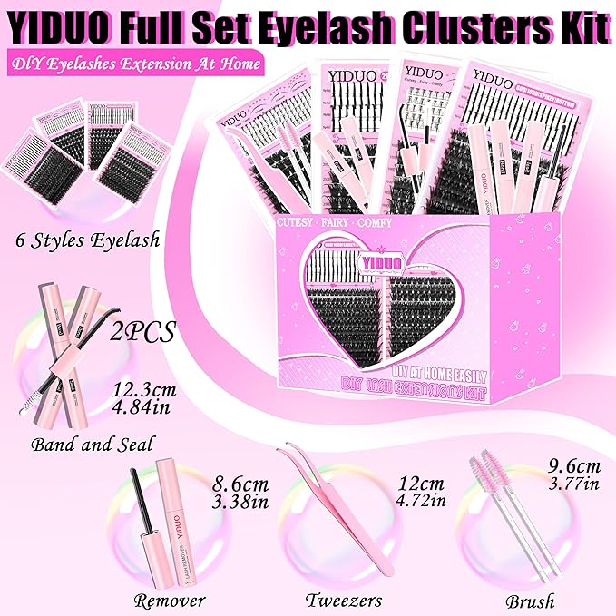 YIDUO 960Pcs Lashes Clusters Kit 80D+100D+200D+300D+Spikes+Bottom Thick Clusters Lash Extensions Kit with 2 Bond and Seal 10-20mm Wispy 3D Volume Individual Eyelash Cluster Kit DIY at Home Easily