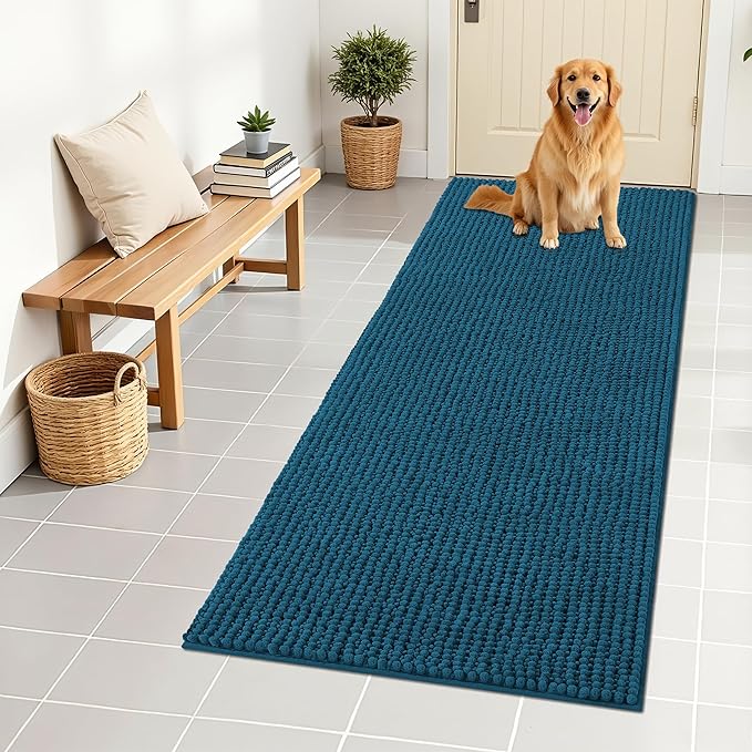 OLANLY Dog Door Mat for Muddy Paws 59x24, Ultra Absorbent Chenille Mud Doormat, Non-Slip Washable and Dirt Trapping Doormat for Indoor Entryway, Quick-Dry Indoor Pet Bed Mats for Dogs, Atlantic Blue