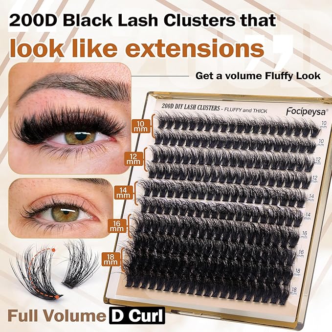 Full Volume Eyelash Clusters DIY Lash Extension 10-18MIX D-Curly Lash Clusters 200D Wispy Individual Lashes Extensions Clusters Eyelashes DIY Lash for Beginners by Focipeysa