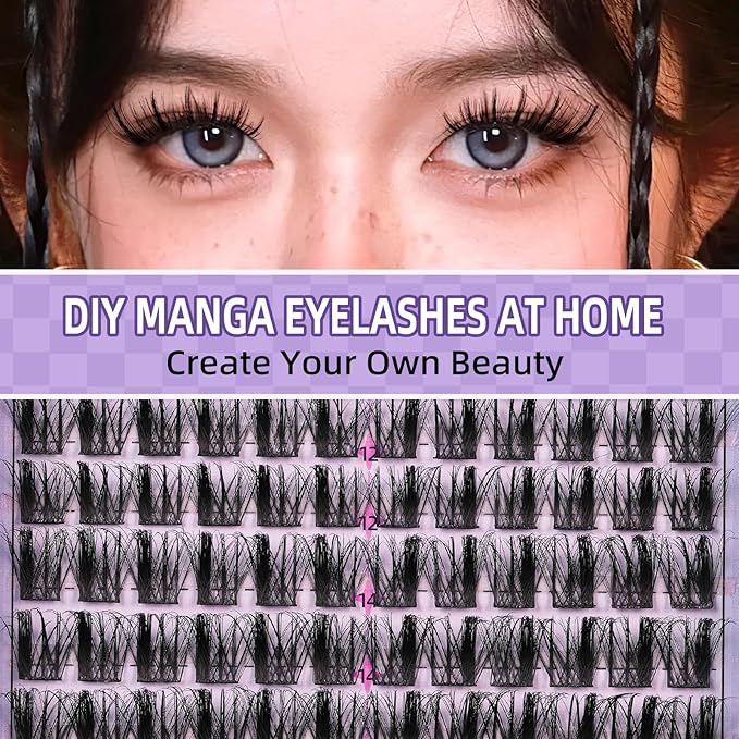 B&Q Manga Lash Clusters Kit Anime Lashes 8-18mm Mixed 144pcs Eyelash Extension Kit Thick Curly Manga Style Feature Spike Eyelash Clusters Perfect Choice for Beginners at Home(KIT-Anime 02)