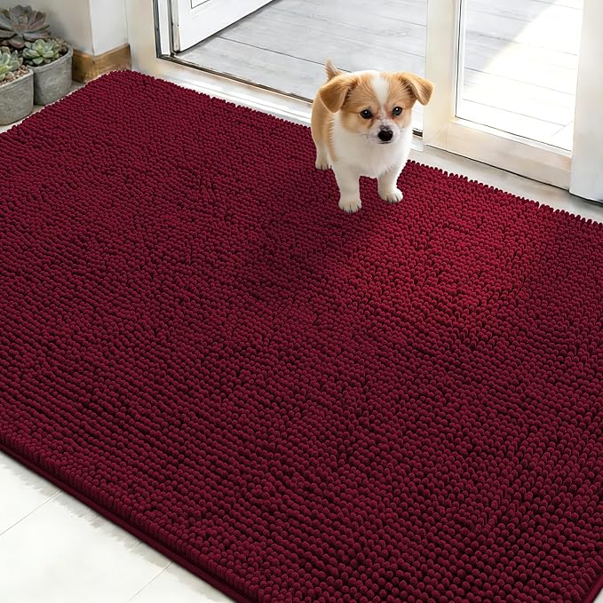 OLANLY Dog Door Mat for Muddy Paws 48x30, Absorbs Moisture and Dirt, Absorbent Non-Slip Washable Doormat, Quick Dry Chenille Mud Mat for Dogs, Entry Indoor Entryway Carpet for Inside Floor, Burgundy