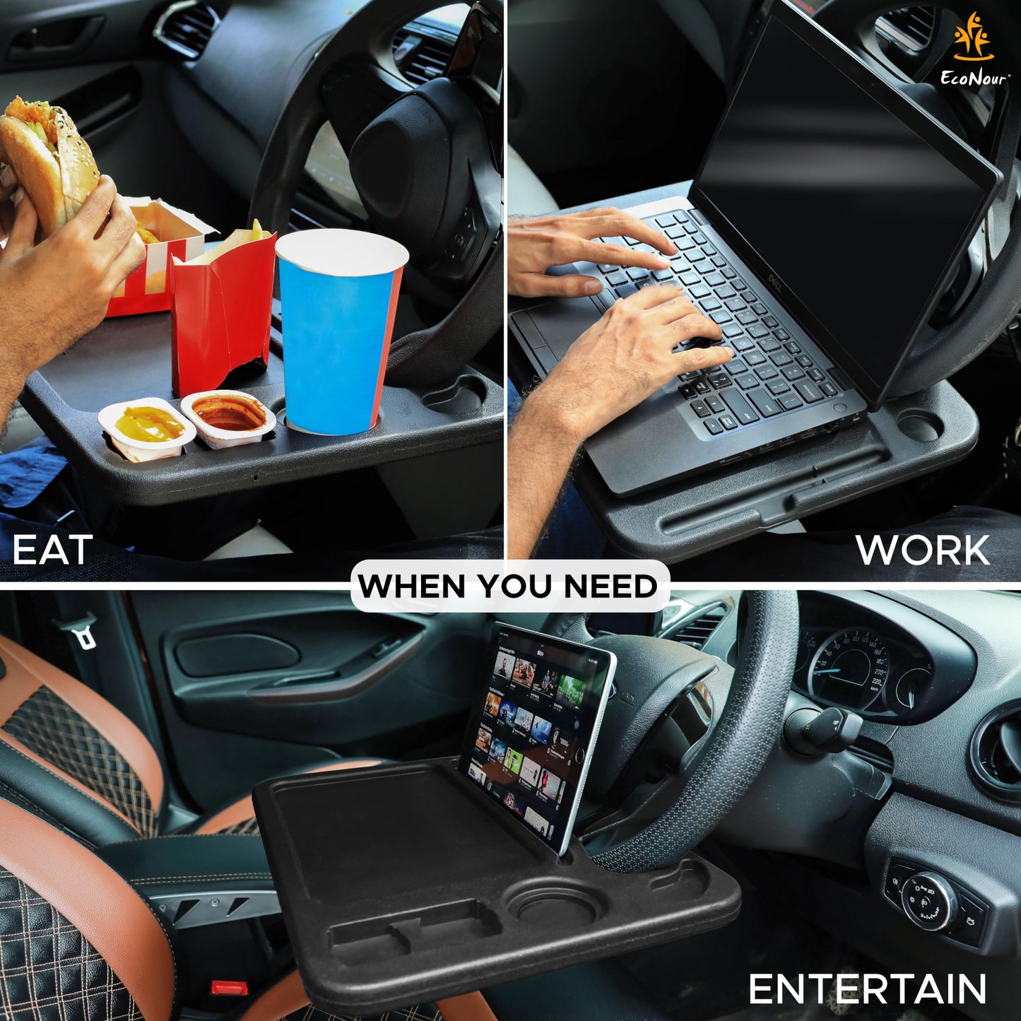 EcoNour 4 in 1 Car Steering Wheel Tray - 2026 Upgraded Tray with Dual Sauce Dip Holder and Tablet Holder | Spacious Steering Wheel Desk for Food and Laptop | Car Accessories (Large)