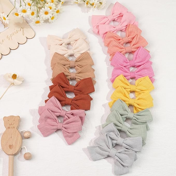 CÉLLOT Girls Hair Bows Linen Fabric 3.5" Bows Alligator Clips Hair Accessories for Little Girls Toddlers Kids and Teens,20 Pieces