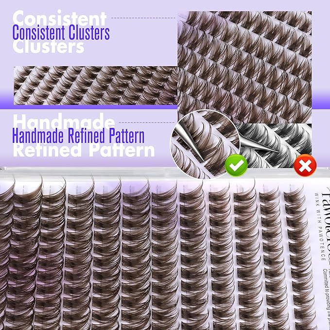Pawotence Brown Lash Clusters Wispy Cluster Eyelash Extensions 10-18mm Individual Lashes DIY Cluster Lashes Extension Soft Brown Eyelash Clusters with Thin Band