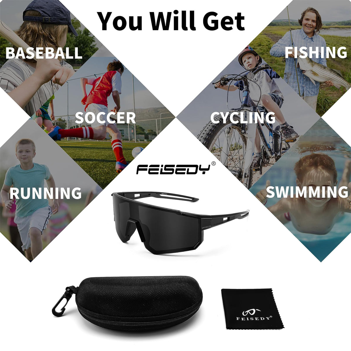 FEISEDY Kids Sunglasses Youth Baseball Sun Glasses, UV400 Sports Teens Cycling Shades for Boys Girls Age 8-16 B0048