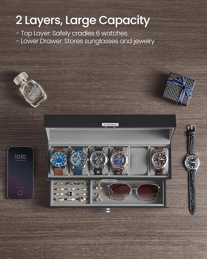 SONGMICS Watch Box, 6-Slot Watch Case Organizer with Large Glass Lid, 2 Layers, Removable Pillows, Metal Lock, Gift for Loved Ones, Black Synthetic Leather, Gray Lining UJWB060G01