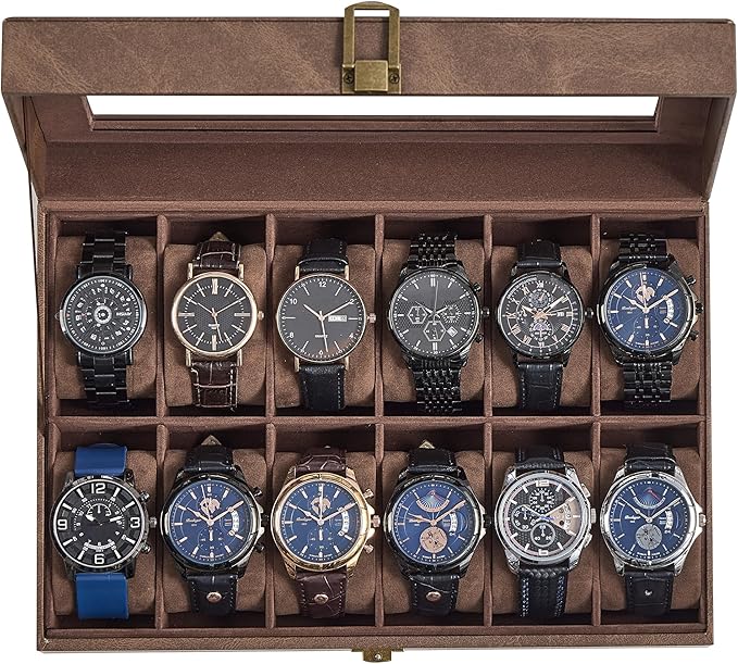 SONGMICS Watch Box, 12-Slot Watch Case Organizer with Large Glass Lid, Removable Pillows, Gift for Loved Ones, Coffee Brown Synthetic Leather, Coffee Brown Lining UJWB120KQ01S