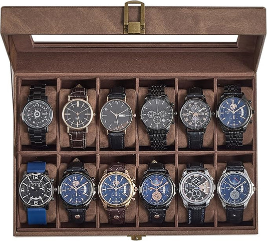SONGMICS Watch Box, 12-Slot Watch Case Organizer with Large Glass Lid, Removable Pillows, Gift for Loved Ones, Coffee Brown Synthetic Leather, Coffee Brown Lining UJWB120KQ01S