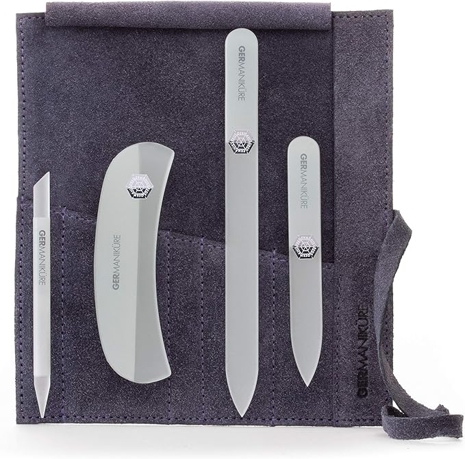 GERMANIKURE Gray Crystal Glass Nail File Set in Purple Suede Case – Handmade in Czech Republic – Professional Manicure & Pedicure Supplies – Glass Cuticle Stick, Pusher, Moon File