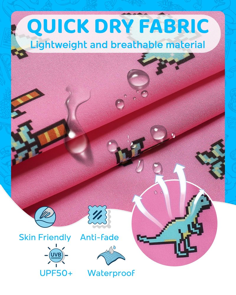 maamgic Boys Swim Trunks with Compression Liner 4-Way Stretch Quick Dry Swim Shorts Swimming Trunks Toddler Boy Dinosaur Pink 14-16 Years